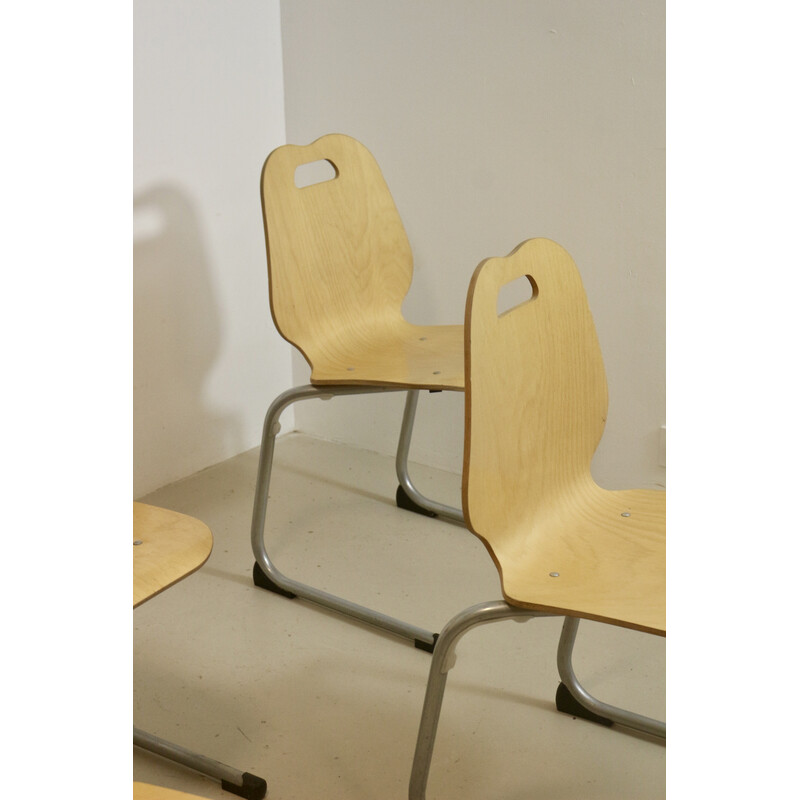 Lot de 4 chaises de cantine vintage empilables en bois et aluminium, 1990