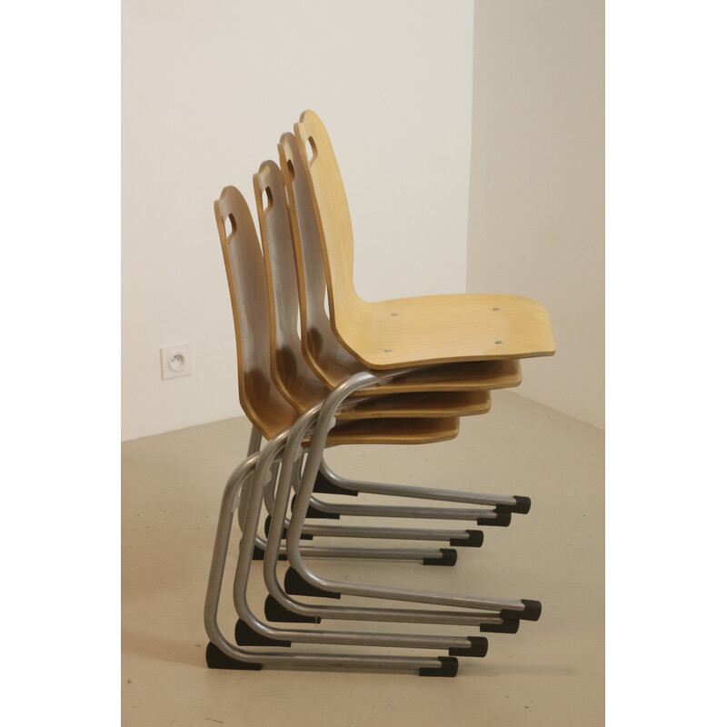 Set of 4 vintage stackable canteen chairs in wood and aluminum, 1990