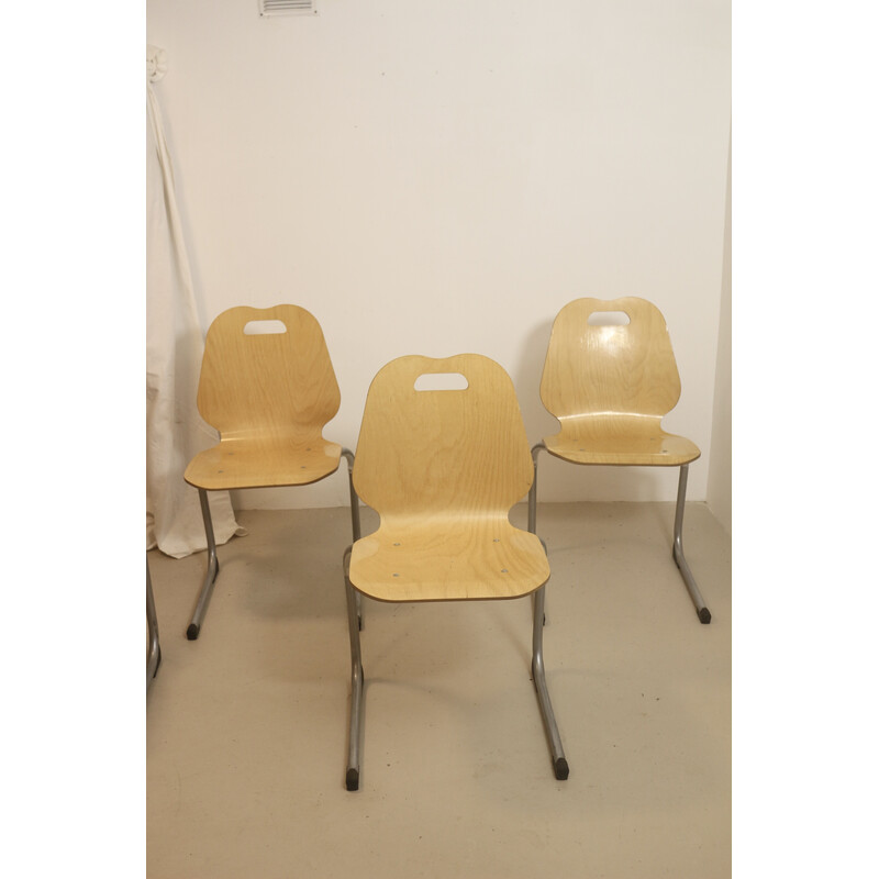 Satz von 4 stapelbaren Vintage-Kantinenstühlen aus Holz und Aluminium, 1990