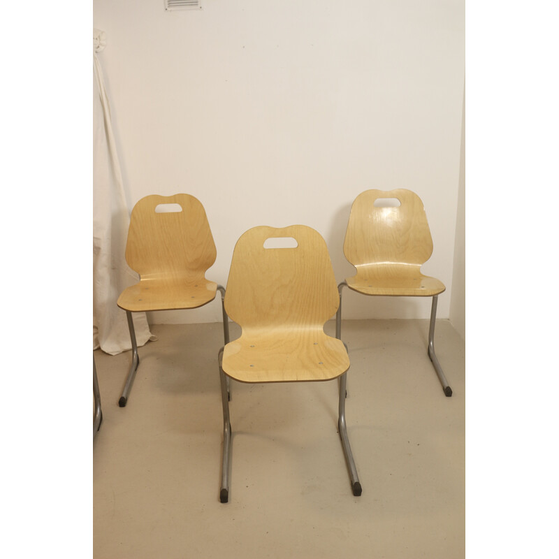 Set of 4 vintage stackable canteen chairs in wood and aluminum, 1990