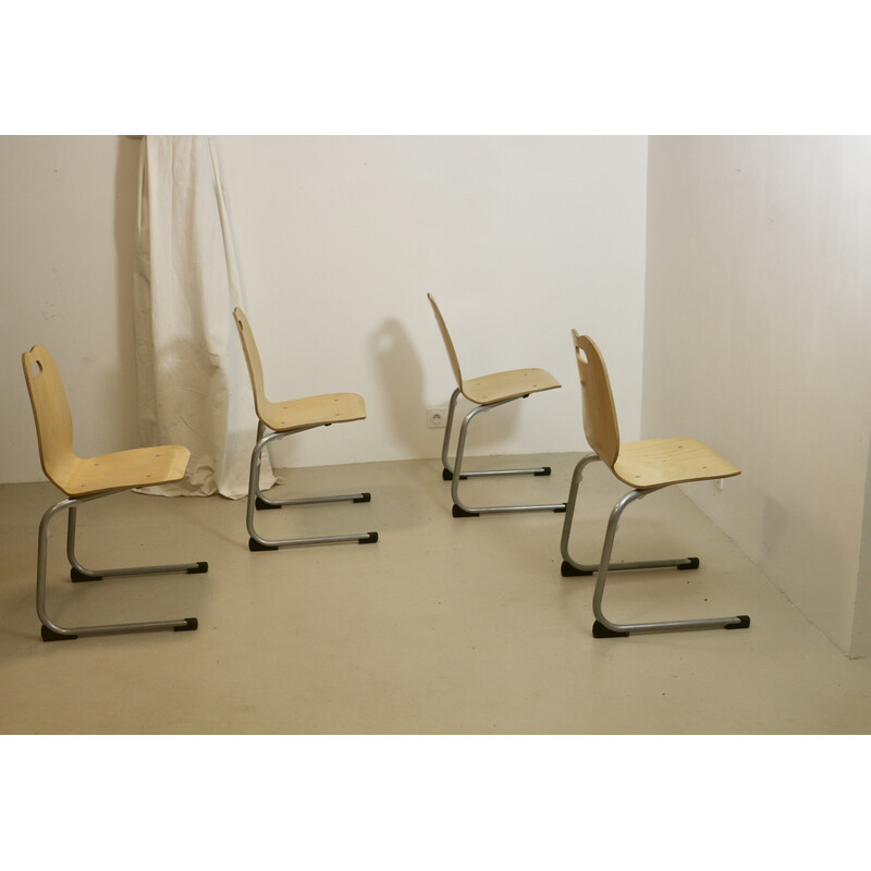 Lot de 4 chaises de cantine vintage empilables en bois et aluminium, 1990