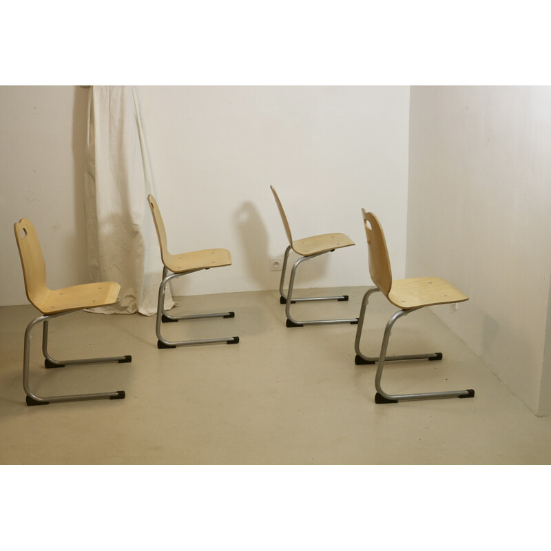 Set of 4 vintage stackable canteen chairs in wood and aluminum, 1990