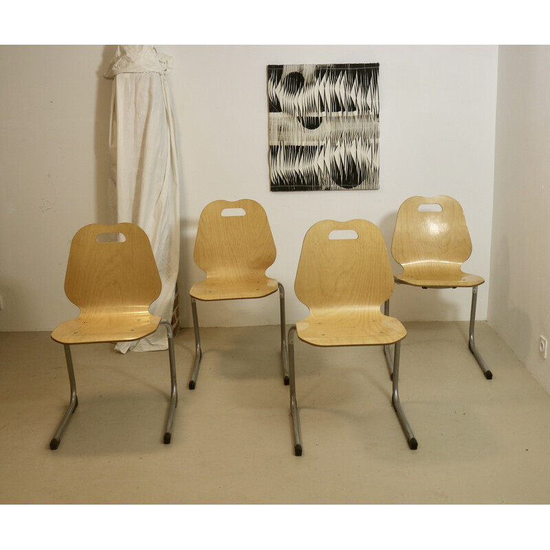 Lot de 4 chaises de cantine vintage empilables en bois et aluminium, 1990
