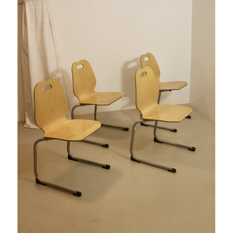 Satz von 4 stapelbaren Vintage-Kantinenstühlen aus Holz und Aluminium, 1990