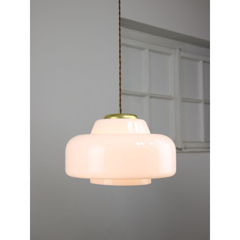 Vintage pendant lamp in brass and opaline glass, Italy 1950