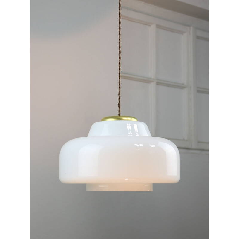 Vintage pendant lamp in brass and opaline glass, Italy 1950