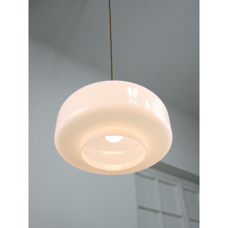 Vintage pendant lamp in brass and opaline glass, Italy 1950