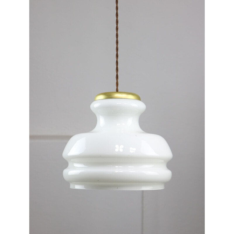 Vintage pendant lamp in brass and opaline glass, Italy 1950