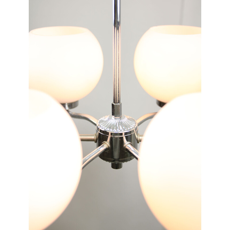 Vintage chandelier in chrome steel and opaline glass, Italy 1970