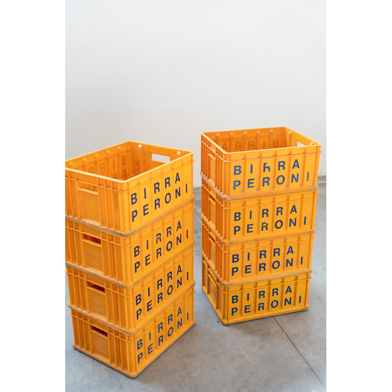 Lot of 8 vintage yellow plastic beer crates from Peroni, Italy 1980