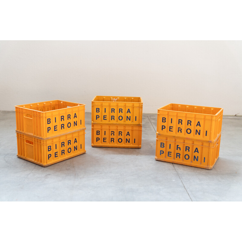 Lot of 8 vintage yellow plastic beer crates from Peroni, Italy 1980