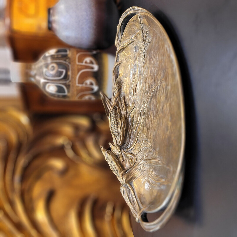 Tabuleiro decorativo vintage em bronze com motivos de plantas de cereais de Albert Marionnet