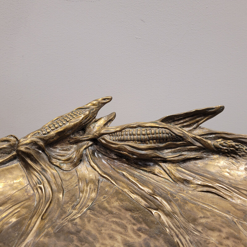 Plateau décoratif vintage en bronze à motifs végétaux de céréales d'Albert Marionnet