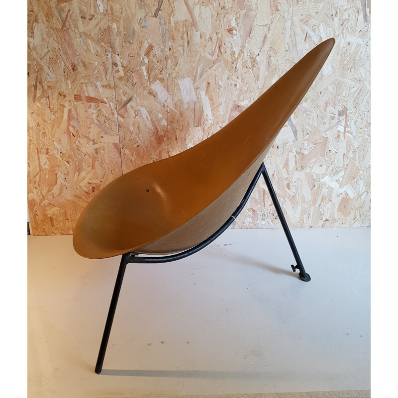 Tripod armchair in mustard color fiberglass, Merat edition - 1950s