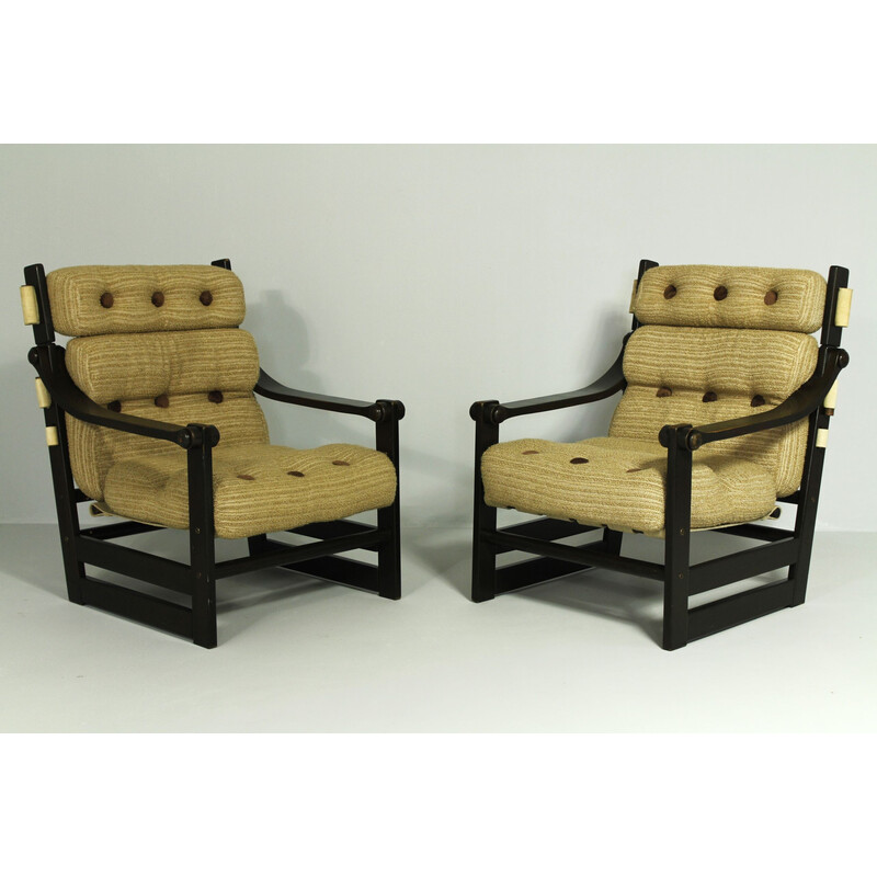 Pair of vintage beech and leather armchairs by Vlastimil Teska for Ikéa, Sweden 1960