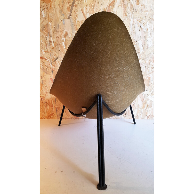 Tripod armchair in mustard color fiberglass, Merat edition - 1950s