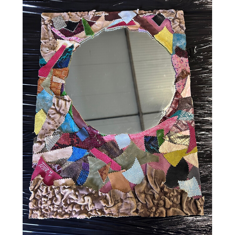 Vintage leather patchwork mirror by Peter M