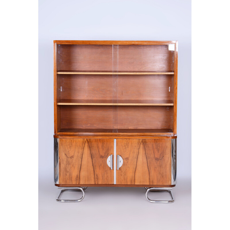 Vintage Art Deco walnut and glass bookcase by Vichr, Czechoslovakia 1930