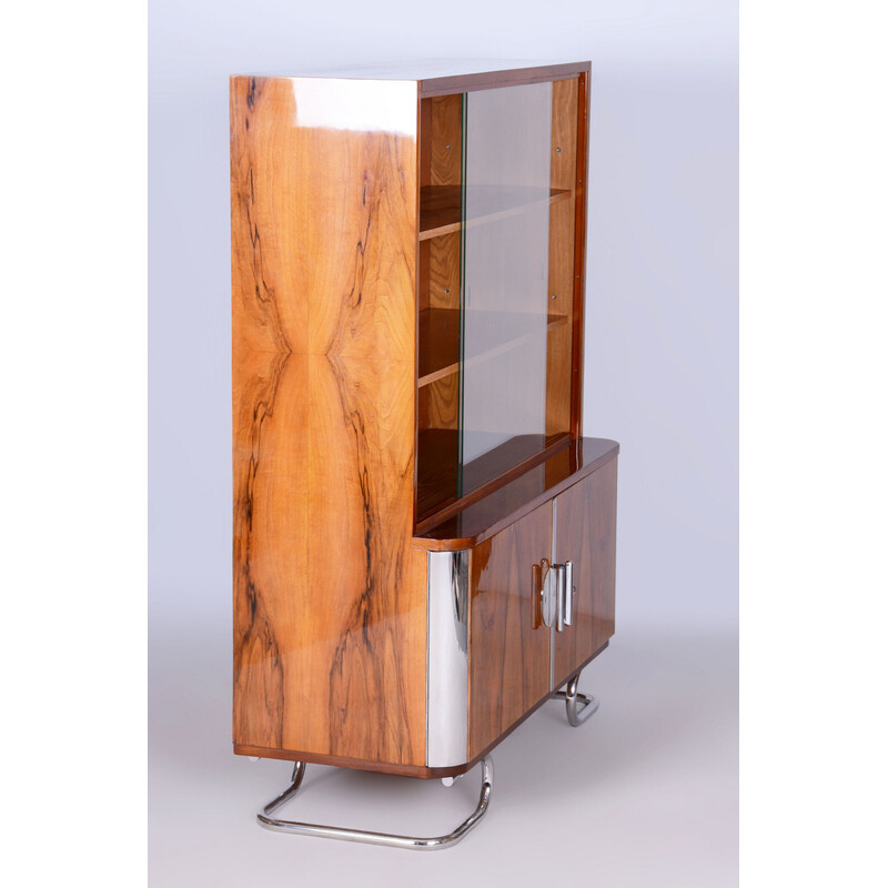 Vintage Art Deco walnut and glass bookcase by Vichr, Czechoslovakia 1930