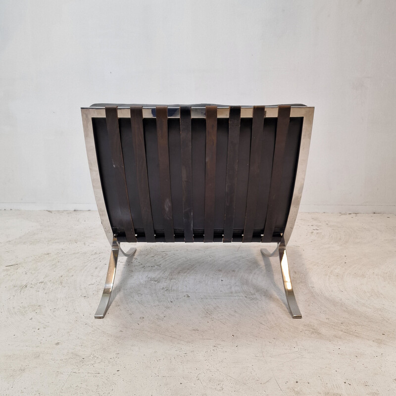 Vintage Barcelona armchair with stainless steel and black leather ottoman by Mies Van der Rohe for Knoll, 1970