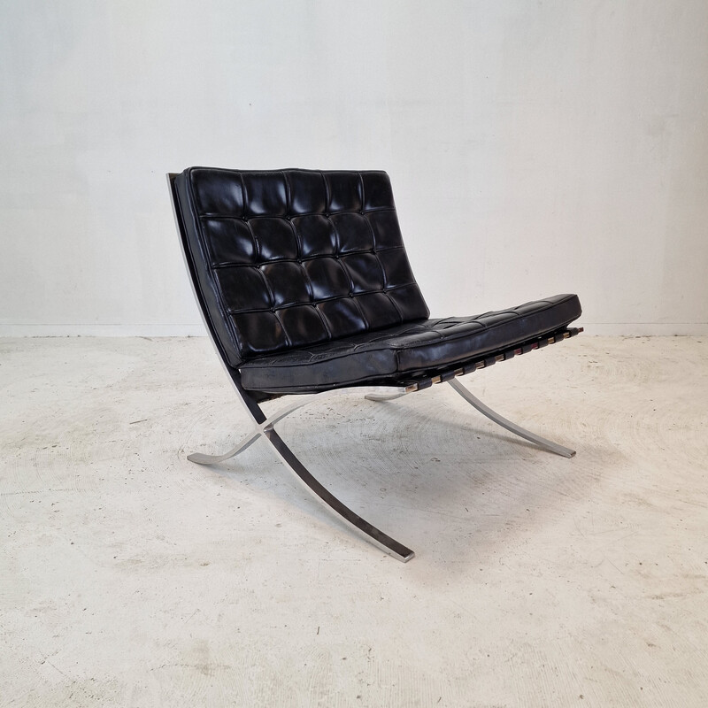 Vintage Barcelona armchair with stainless steel and black leather ottoman by Mies Van der Rohe for Knoll, 1970