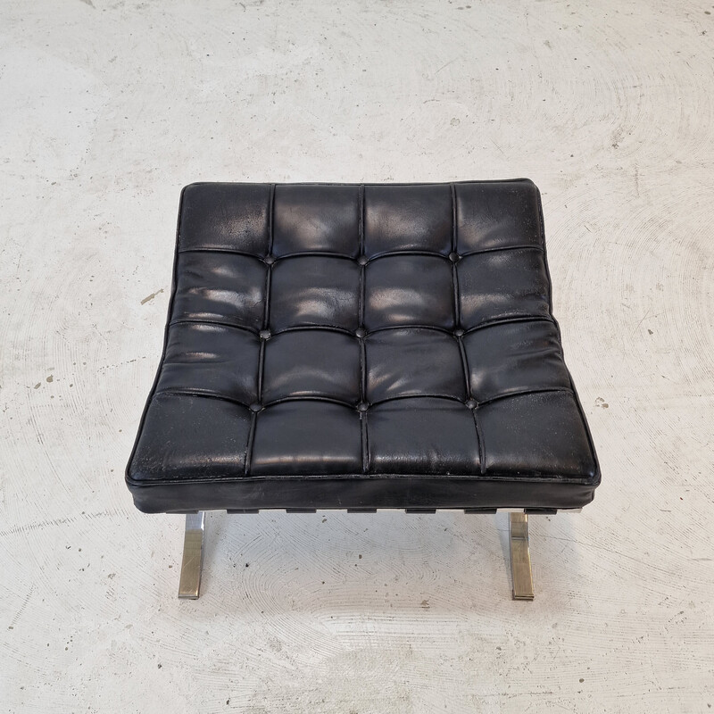 Vintage Barcelona armchair with stainless steel and black leather ottoman by Mies Van der Rohe for Knoll, 1970