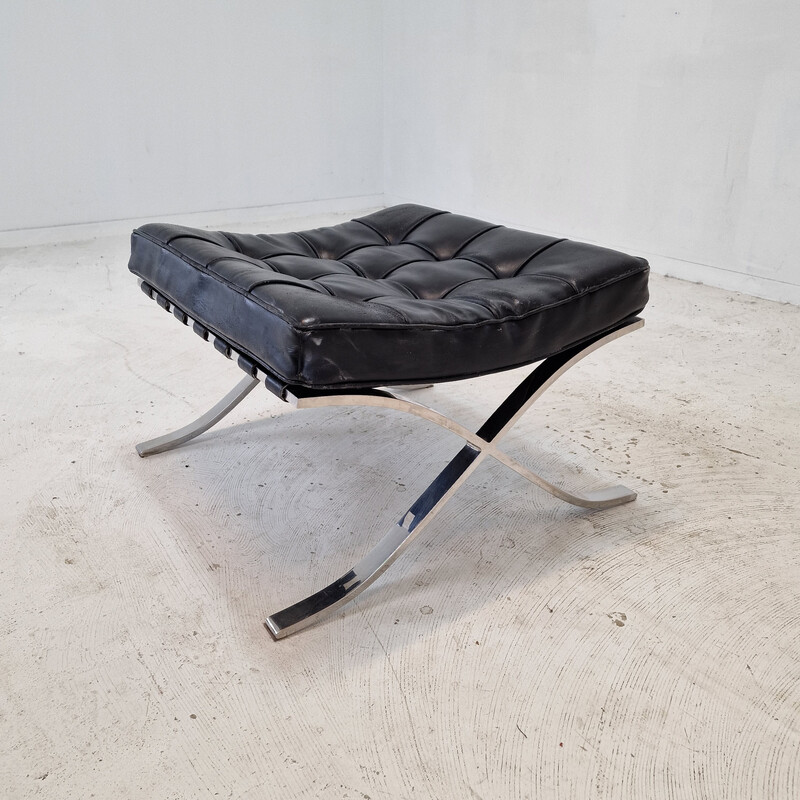 Vintage Barcelona armchair with stainless steel and black leather ottoman by Mies Van der Rohe for Knoll, 1970