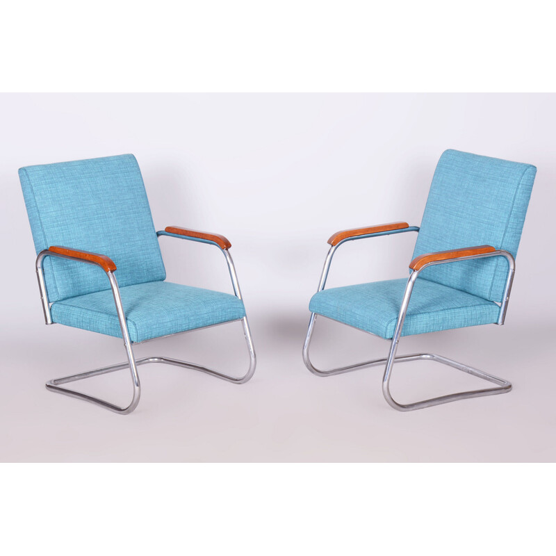 Pair of vintage Bauhaus armchairs in chrome steel and fabric by Karel E. Ort for Hynek Gottwald, Czechoslovakia 1930