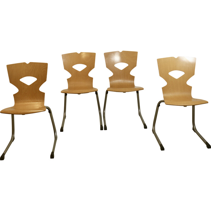 Conjunto de 4 cadeiras de cantina vintage em madeira e alumínio, 1990