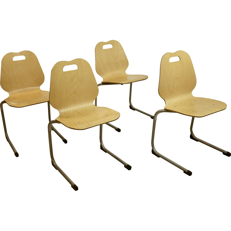 Lot de 4 chaises de cantine vintage empilables en bois et aluminium, 1990