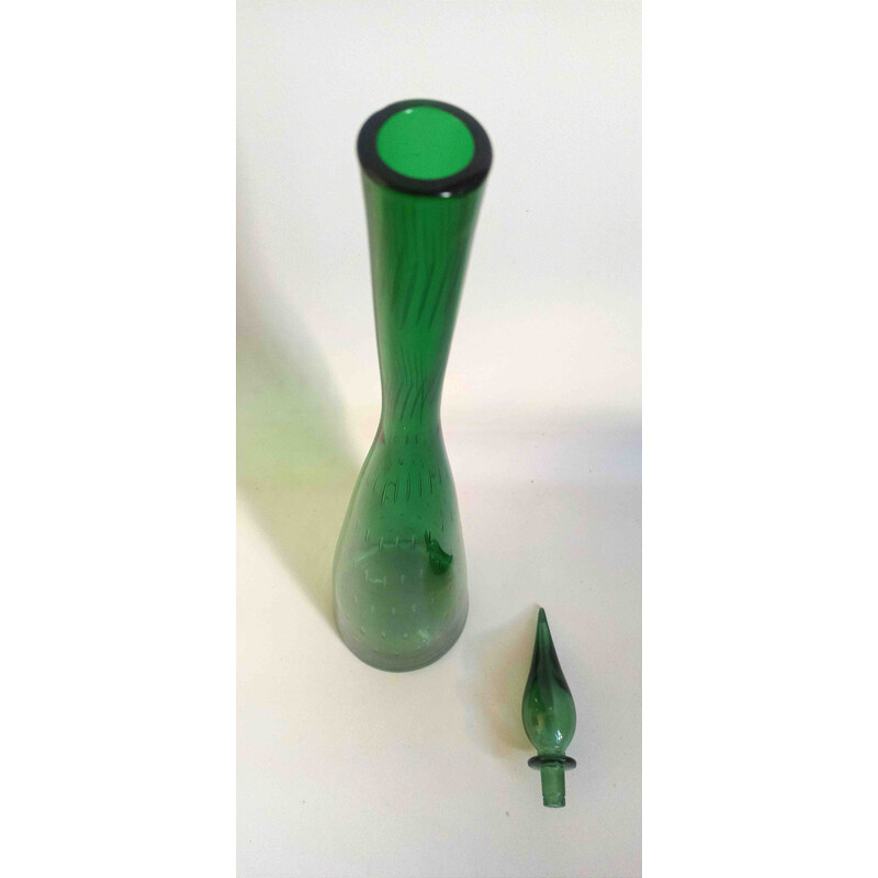 Decanter vintage Génie in vetro soffiato verde scuro, Italia 1970