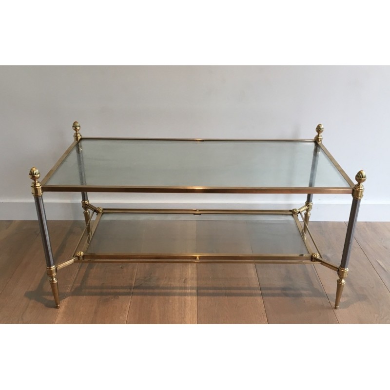 Vintage brushed steel and brass coffee table for La Maison Jansen, France 1940
