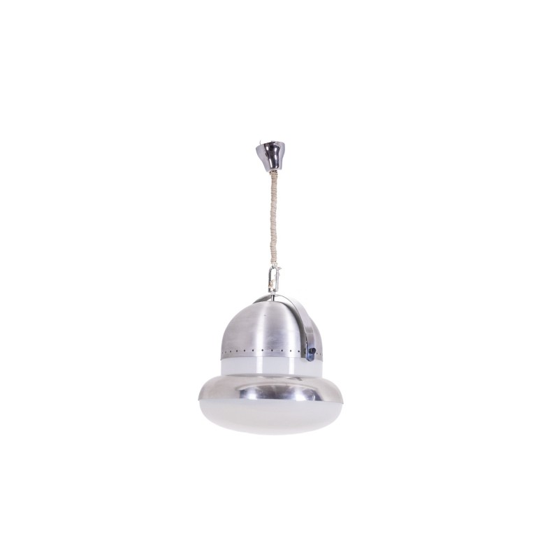 Vintage circular pendant lamp in brushed metal and opaline glass, 1970