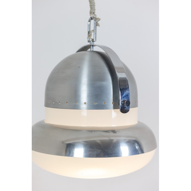 Vintage circular pendant lamp in brushed metal and opaline glass, 1970