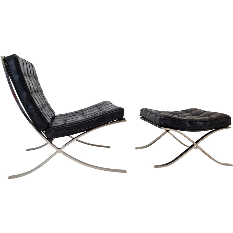 Vintage Barcelona armchair with stainless steel and black leather ottoman by Mies Van der Rohe for Knoll, 1970