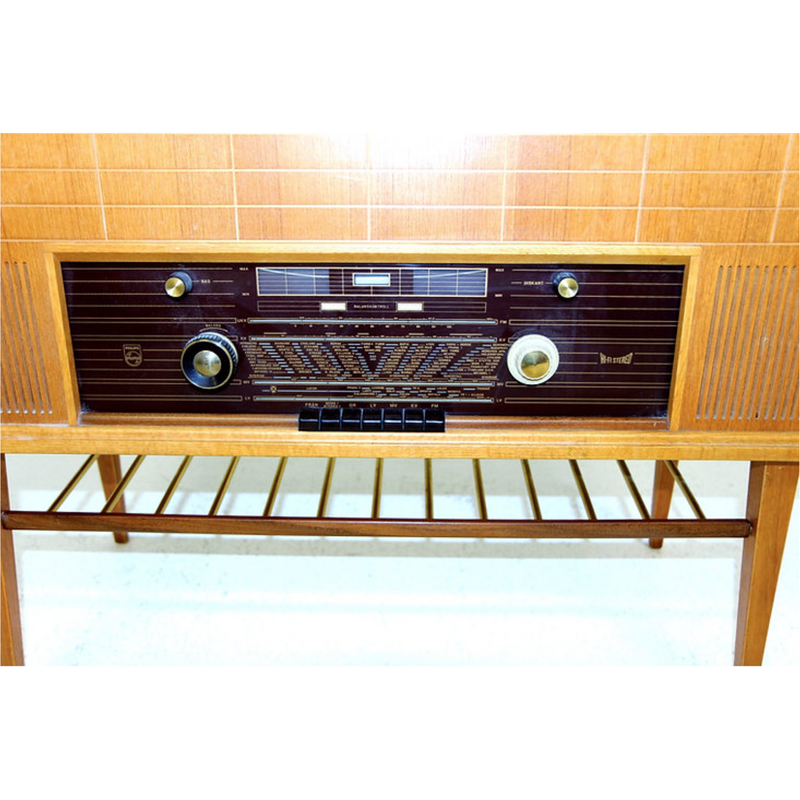 Eikenhouten en teakhouten "Type F6S 04AR" vinyl radiokastje voor Philips, 1950