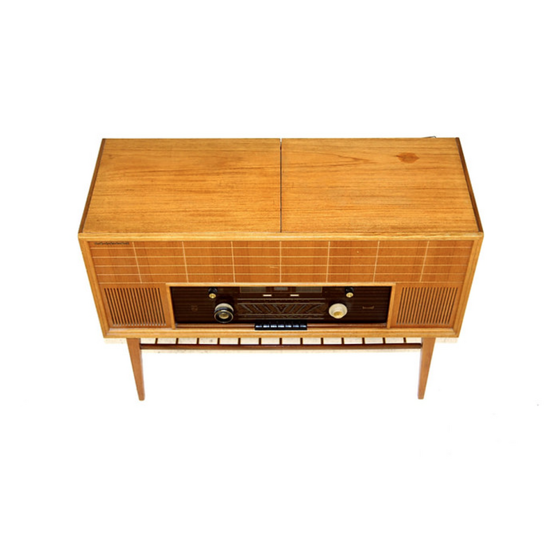 Vintage vinyl radio cabinet "Type F6S 04AR" in oak and teak for Philips, 1950