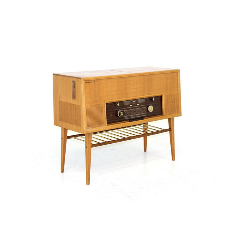 Meuble-radio vinyle vintage "Type F6S 04AR" en chêne et teck pour Philips, 1950