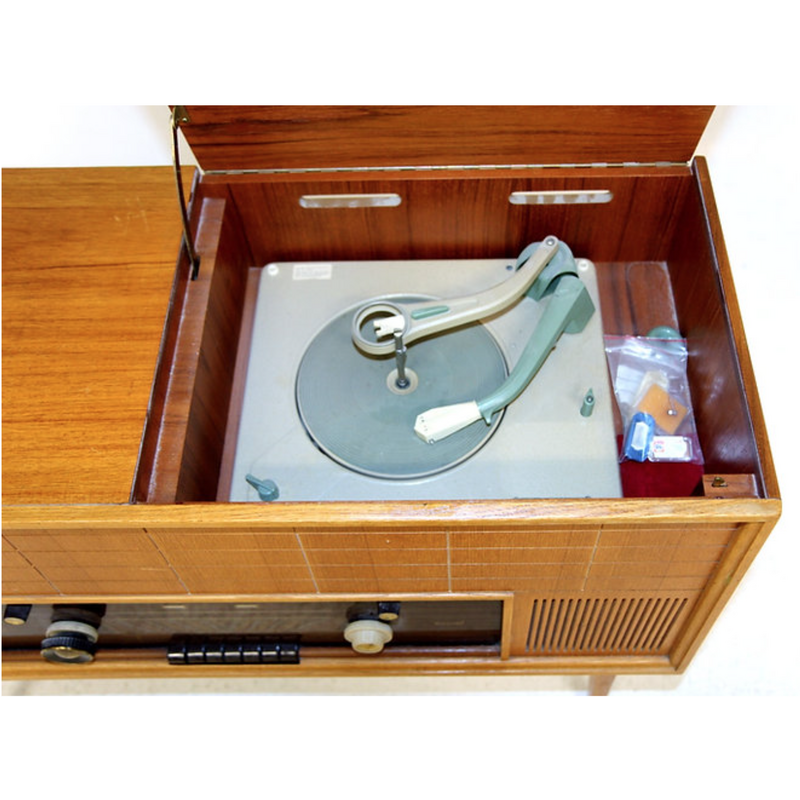 Meuble-radio vinyle vintage "Type F6S 04AR" en chêne et teck pour Philips, 1950