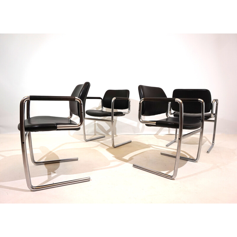 Set of 4 vintage dining chairs in metal and black leather by Jørgen Kastholm for Kusch et Co, 1970
