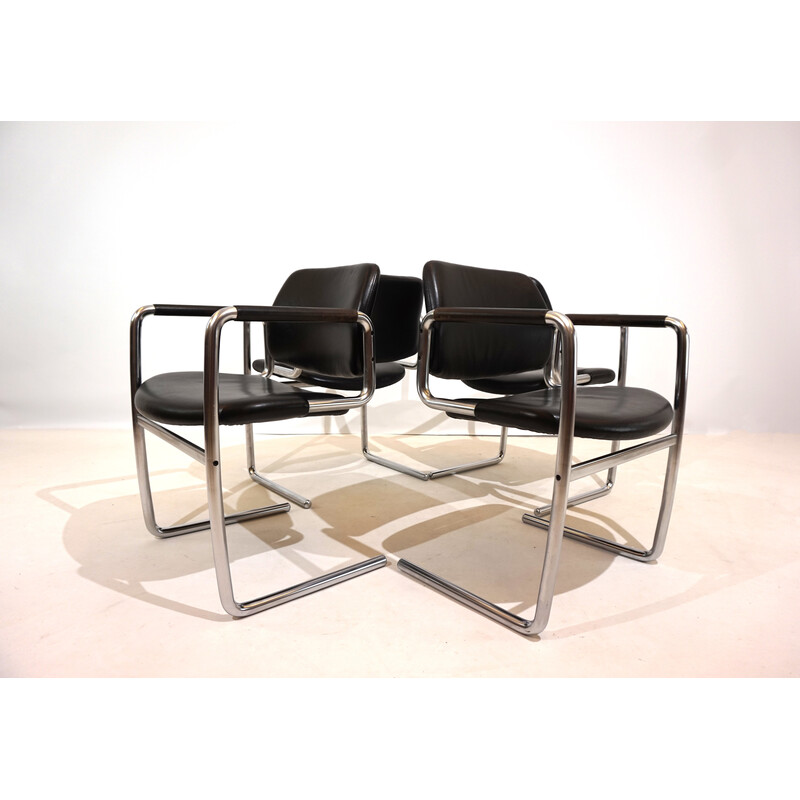 Ensemble de 4 chaises à repas vintage en métal et cuir noir par Jørgen Kastholm pour Kusch et Co, 1970
