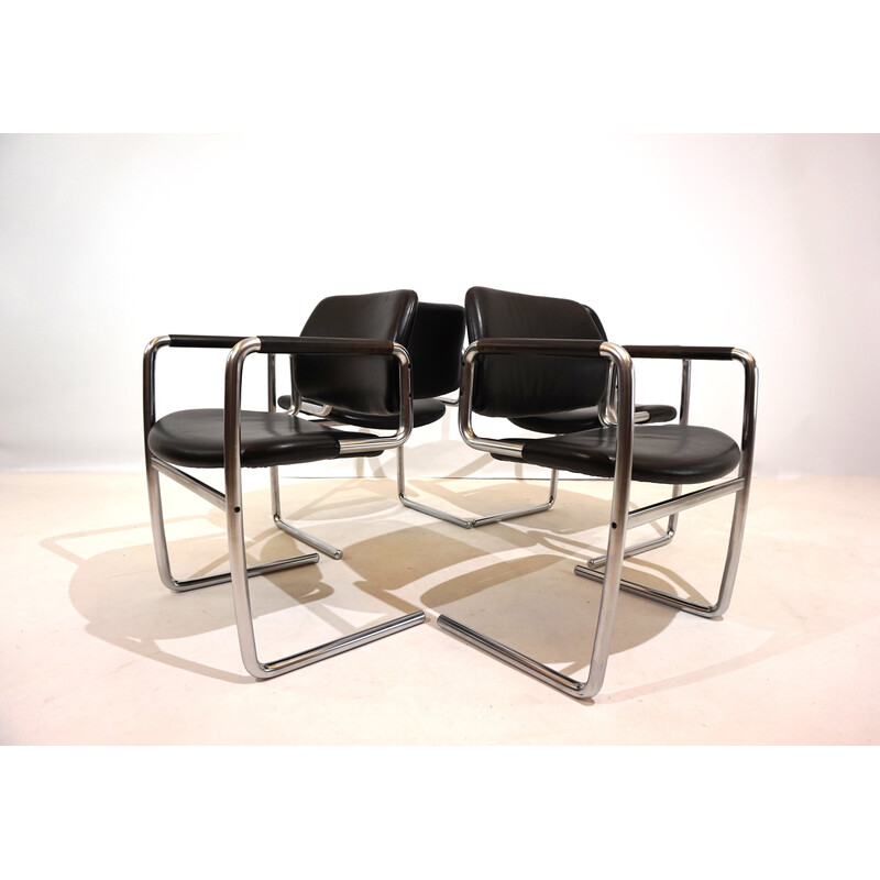 Set of 4 vintage dining chairs in metal and black leather by Jørgen Kastholm for Kusch et Co, 1970