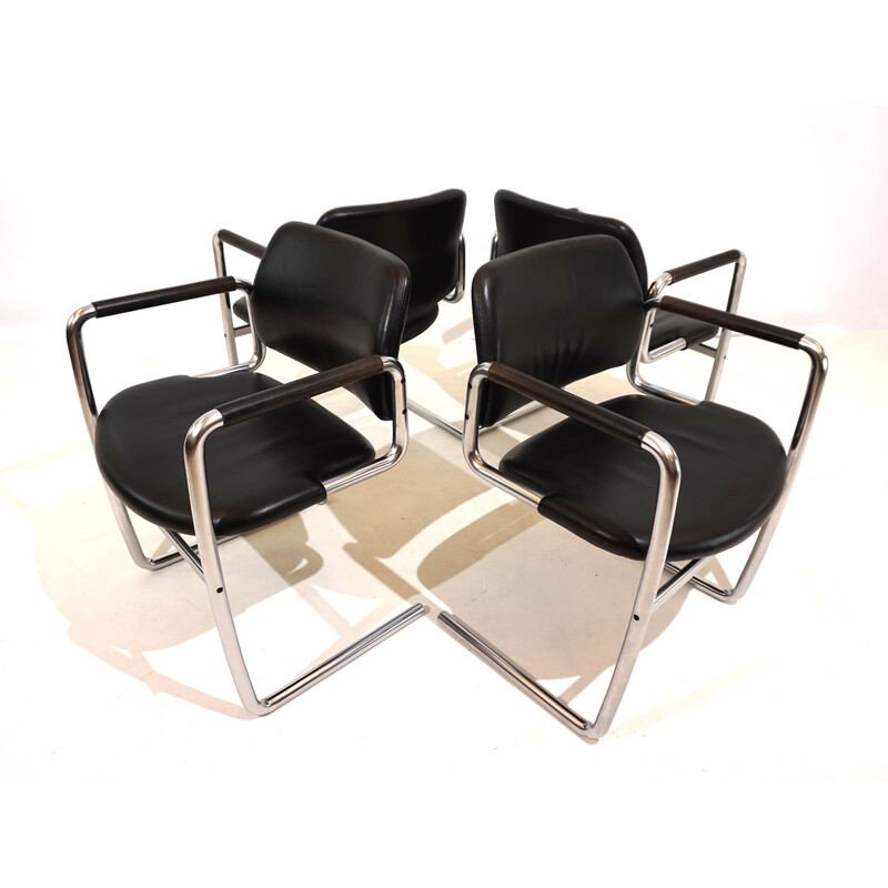 Ensemble de 4 chaises à repas vintage en métal et cuir noir par Jørgen Kastholm pour Kusch et Co, 1970