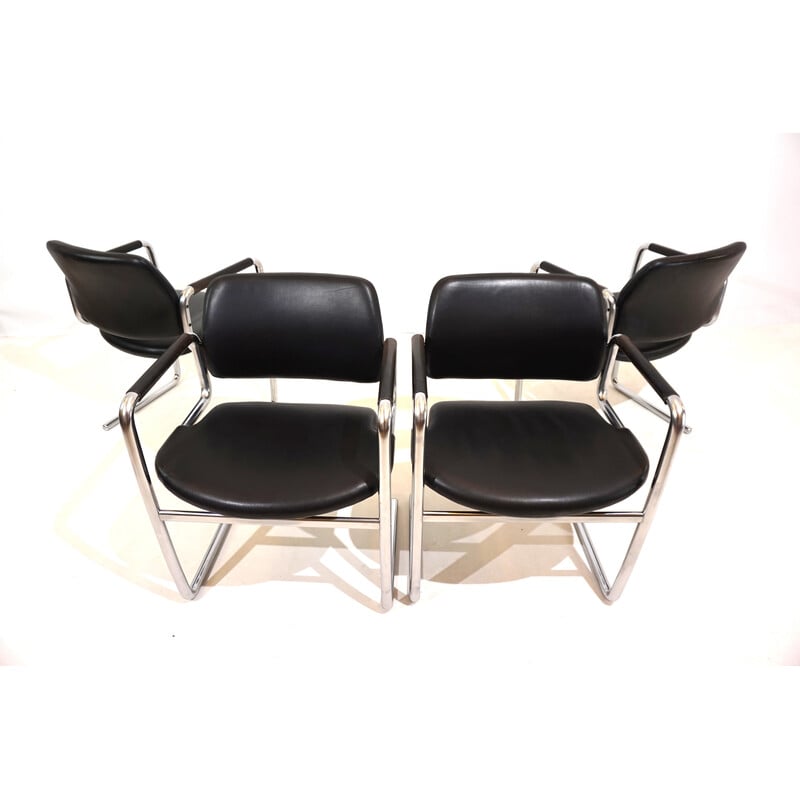 4 Esszimmerstühle aus Metall und schwarzem Leder von Jørgen Kastholm für Kusch et Co, 1970