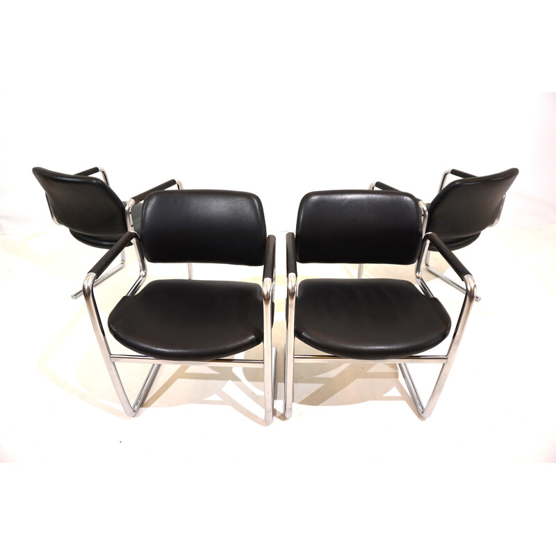 Set di 4 sedie da pranzo vintage in metallo e pelle nera di Jørgen Kastholm per Kusch et Co, 1970