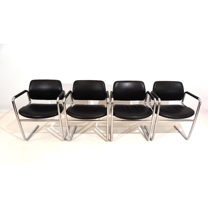 Set of 4 vintage dining chairs in metal and black leather by Jørgen Kastholm for Kusch et Co, 1970