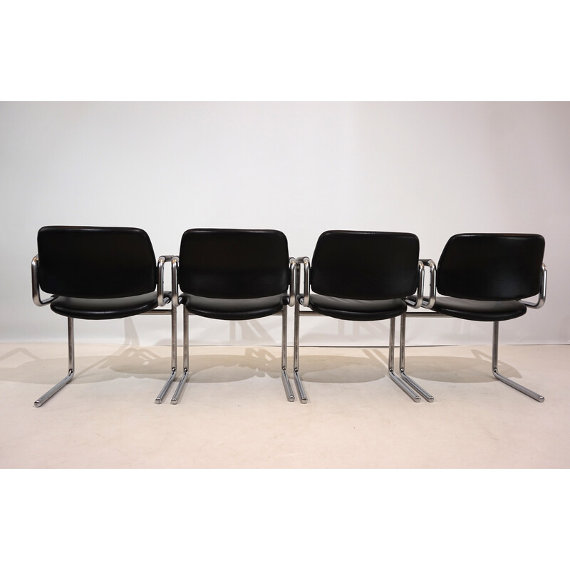Conjunto de 4 cadeiras de jantar vintage em metal e couro preto por Jørgen Kastholm para Kusch et Co, 1970