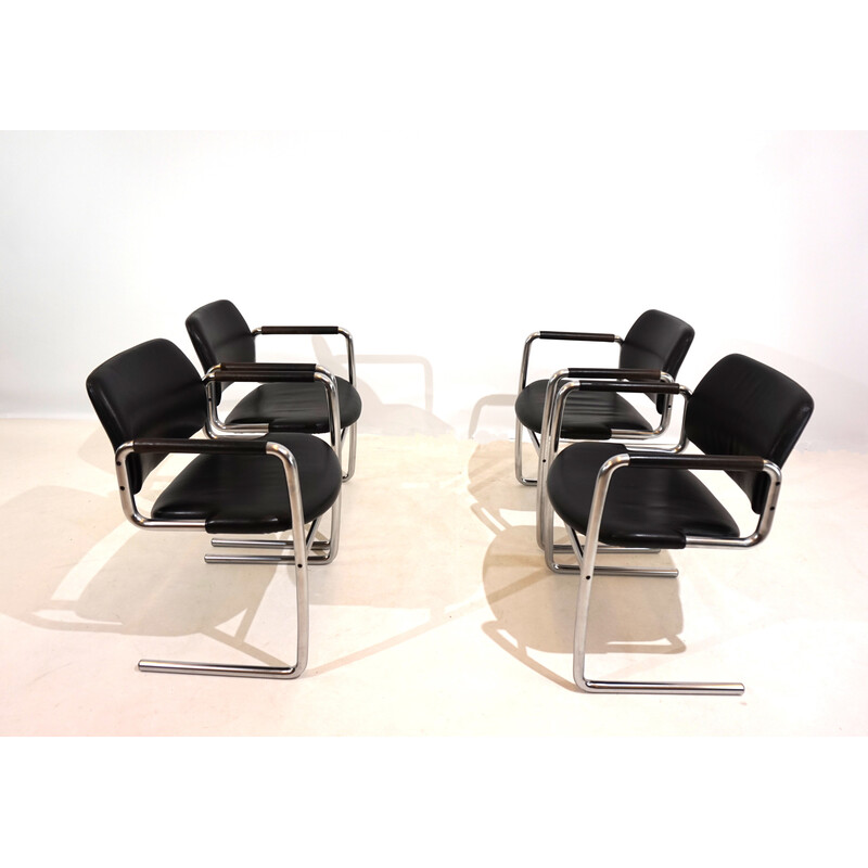 Set of 4 vintage dining chairs in metal and black leather by Jørgen Kastholm for Kusch et Co, 1970