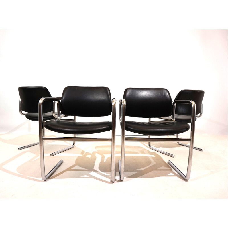 Set of 4 vintage dining chairs in metal and black leather by Jørgen Kastholm for Kusch et Co, 1970