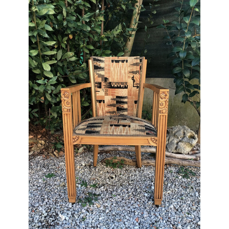 Vintage Art Deco armchair in solid wood and wool fabric, 1930